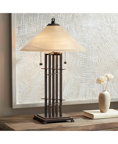 Franklin Iron Works Metro Mission Accent Table Lamp 23 1/2" High Bronze Cone Alabaster Art Glass Shade for Bedroom Living Room Bedside Nightstand