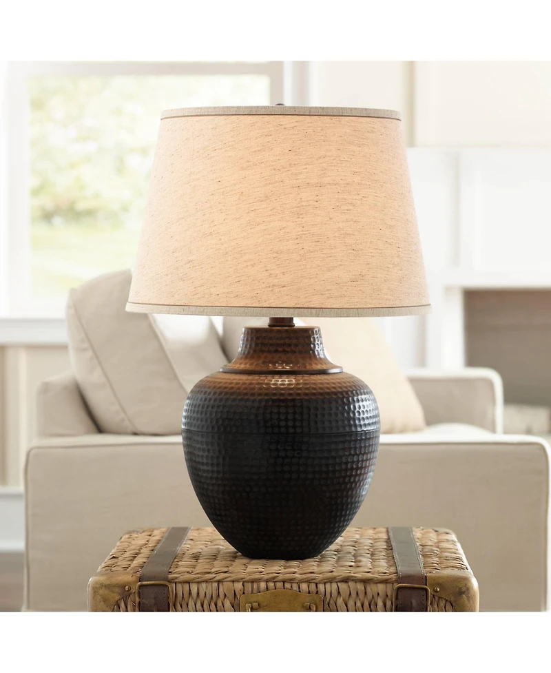 Brighton Southwest Rustic Farmhouse Table Lamp 27.25" Tall Hammered Warm Bronze Metal Pot Beige Fabric Drum Shade for Living Room Bedroom House B