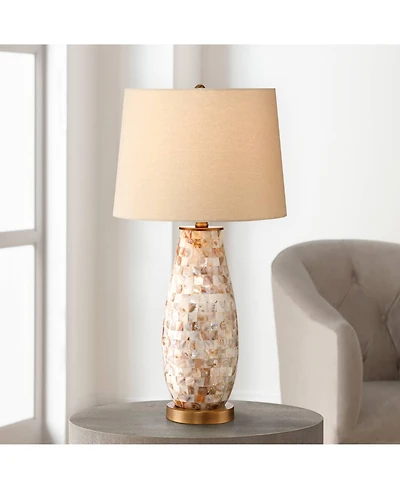 Regency Hill Kylie Cottage Table Lamp 26 1/2" High Mother of Pearl Tile Vase Beige Drum Shade for Bedroom Living Room Bedside Nightstand Office K