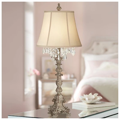 Barnes and Ivy Duval Traditional Table Lamp 34" Tall Distressed Antique White Candlestick Crystal Beige Fabric Bell Shade for Bedroom Living Room