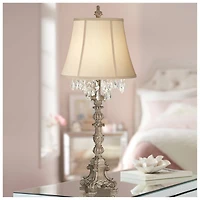 Barnes and Ivy Duval Traditional Table Lamp 34" Tall Distressed Antique White Candlestick Crystal Beige Fabric Bell Shade for Bedroom Living Room