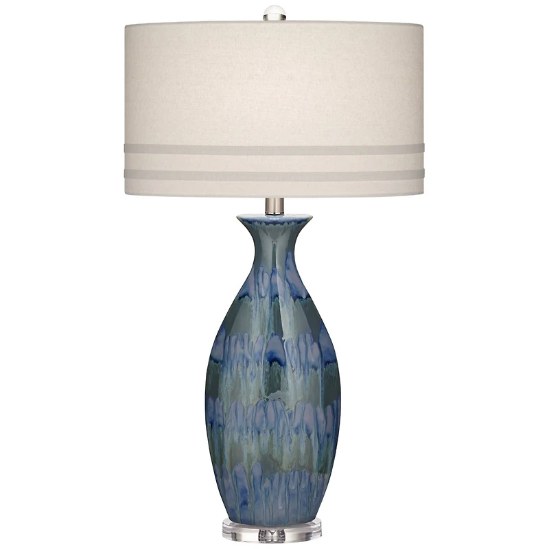 Possini Euro Design Annette Coastal Table Lamp 38" Tall Blue Ceramic Drip Vase Off White Oval Shade for Bedroom Living Room Bedside Nightstand Of