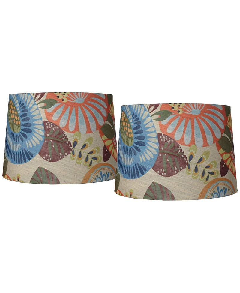 Springcrest Collection Set of 2 Drum Lamp Shades Multi Color Tropic Floral Medium 14" Top x 16" Bottom x 11" Slant Spider with Harp and