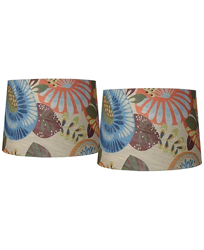 Springcrest Collection Set of 2 Drum Lamp Shades Multi Color Tropic Floral Medium 14" Top x 16" Bottom x 11" Slant Spider with Harp and