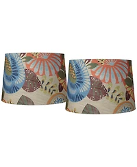 Springcrest Collection Set of 2 Drum Lamp Shades Multi Color Tropic Floral Medium 14" Top x 16" Bottom x 11" Slant Spider with Harp and