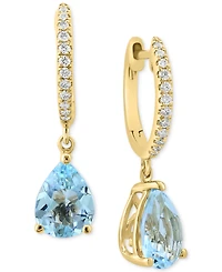 Effy Aquamarine (1-7/8 ct.t.w.) & Diamond (1/10 ct. t.w.) Dangle Hoop Earrings in 14k Gold