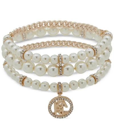 Karl Lagerfeld Paris Gold-Tone 3-Pc. Set Pave Logo & Imitation Pearl Stretch Bracelets