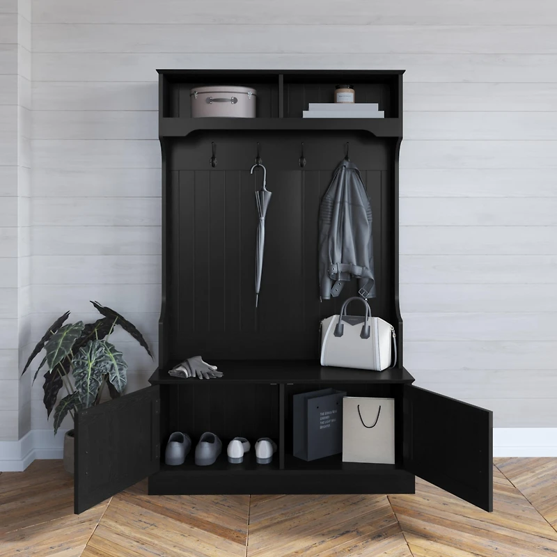 Hall Tree With Double Door Entryway Storage Bench, 4 Hook Coat Rack, Top Cubbies