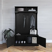 Hall Tree With Double Door Entryway Storage Bench, 4 Hook Coat Rack, Top Cubbies