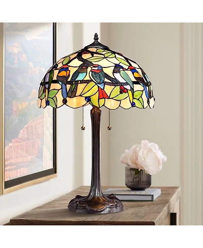 Robert Louis Tiffany Traditional Table Lamp 24.75" High Bronze Tropical Birds Stained Glass Shade for Living Room Family Bedroom Nightstand