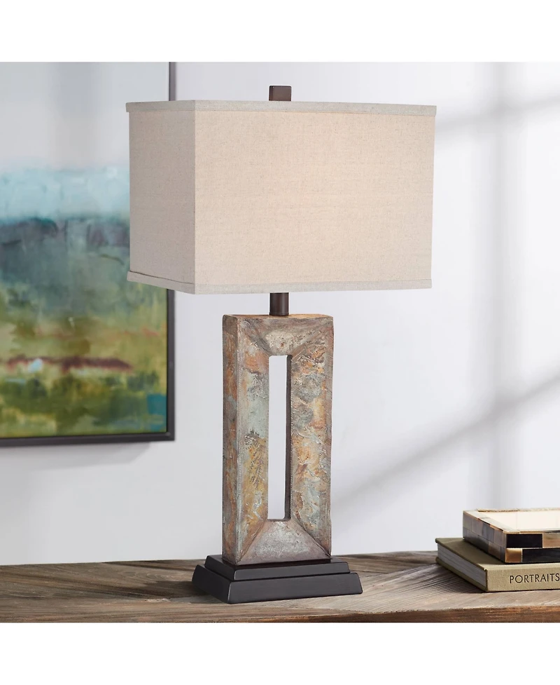 Franklin Iron Works Tahoe Rustic Table Lamp 26" High Natural Stale Rectangular Box Shade for Bedroom Living Room Bedside Nightstand Office Kids H