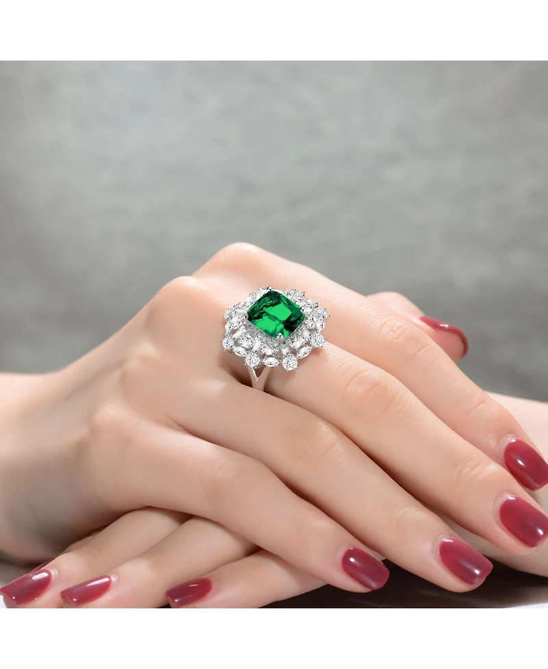 Sterling Silver White Gold Plated with Green Square Cubic Zirconia with Cubic Zirconia's Petals Flower Ring