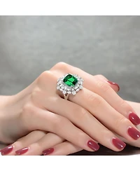 Sterling Silver White Gold Plated with Green Square Cubic Zirconia with Cubic Zirconia's Petals Flower Ring