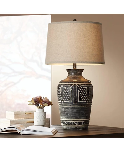 John Timberland Miguel Rustic Table Lamp Southwest 32" Tall Earth Tone Linen Drum Shade for Bedroom Living Room Bedside Nightstand Office Kids Ho