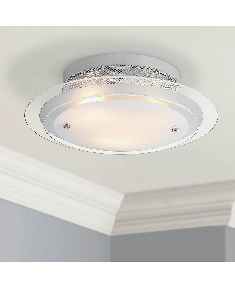 Possini Euro Design Modern Ceiling Light Flush Mount Fixture 15 3/4" Wide Gleaming White 3-Light 2-Tier Clear Frosted Glass for Bedroom Kitchen H
