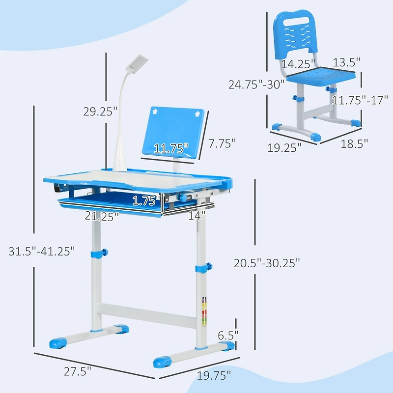 Qaba Kids Desk and Chair Set with Tilt Desktop, Storage Drawer,