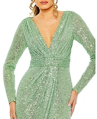 Mac Duggal Women's Floor-Length Sequin Gown Featuring Long Sleeves and Sheer Accents