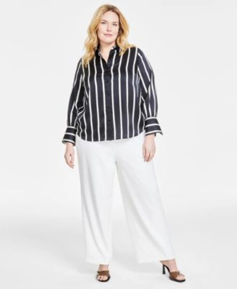Vince Camuto Plus Size Striped Button Down Bell Sleeve Shirt Flat Front Elastic Waist Wide Leg Pants