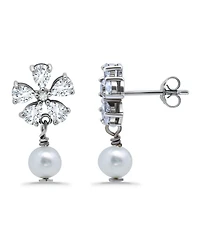 Macy's White Cultured Pearl and Cubic Zirconia Floral Top Drop Earring