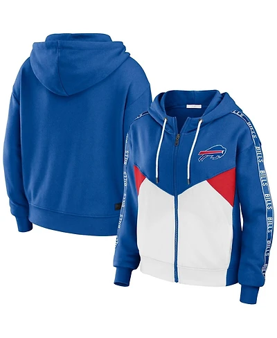Women's Wear by Erin Andrews Royal, White Buffalo Bills Color Block Light Weight Modest Crop Full-Zip Hoodie
