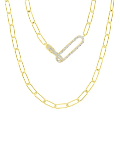 Cubic Zirconia Pave Paperclip Link Chain Necklace, 17" + 2" extender