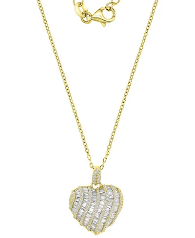 Cubic Zirconia Round & Baguette Heart Pendant Necklace in 14k Gold-Plated Sterling Silver, 16" + 2" extender