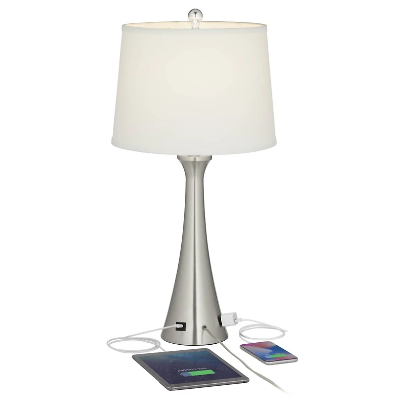 360 Lighting Karl Modern Table Lamps 27 1/2" Tall Set of 2 Brushed Nickel with Usb and Outlet White Drum Shade for Bedroom Living Room House Beds