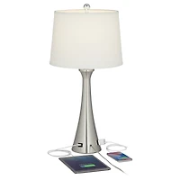 360 Lighting Karl Modern Table Lamps 27 1/2" Tall Set of 2 Brushed Nickel with Usb and Outlet White Drum Shade for Bedroom Living Room House Beds