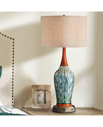 Rocco Mid Century Modern Table Lamp with Usb and Ac Power Outlet Workstation Charging Base Handmade 30" Tall Blue Ceramic Tan Drum Shade for Livi
