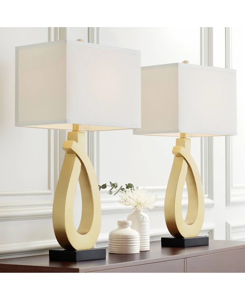 360 Lighting Simone Modern Table Lamps 28" Tall Set of 2 Sculptural Gold Metal Usb Charging Port White Rectangular Shade Bedroom Living Room