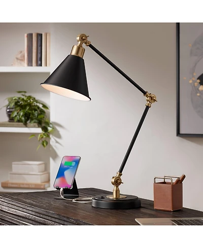 360 Lighting Modern Industrial Desk Table Lamp with Usb Charging Port Adjustable 26.75" High Black Antique Brass for Bedroom Bedside Office