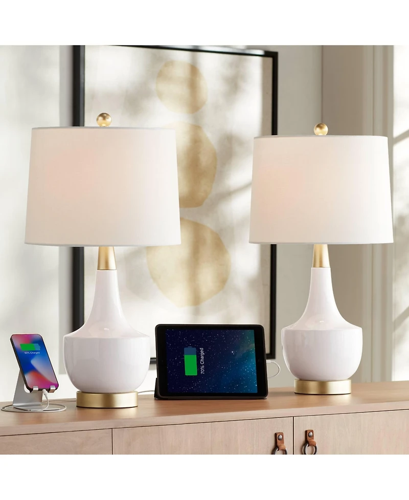 360 Lighting Nesbit 25" High Mid Century Modern Table Lamps Set of 2 Usb Port White Gold Ceramic Metal Living Room Charging