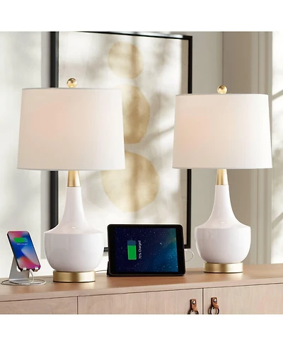 360 Lighting Nesbit 25" High Mid Century Modern Table Lamps Set of 2 Usb Port White Gold Ceramic Metal Living Room Charging