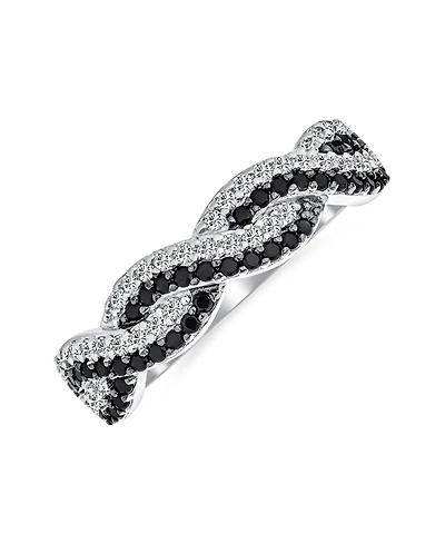 Bling Jewelry Two Tone Intertwined Twist Knot 1/2 Eternity Black & White Pave Cubic Zirconia Cz Infinity Band Ring .925 Sterling Silver
