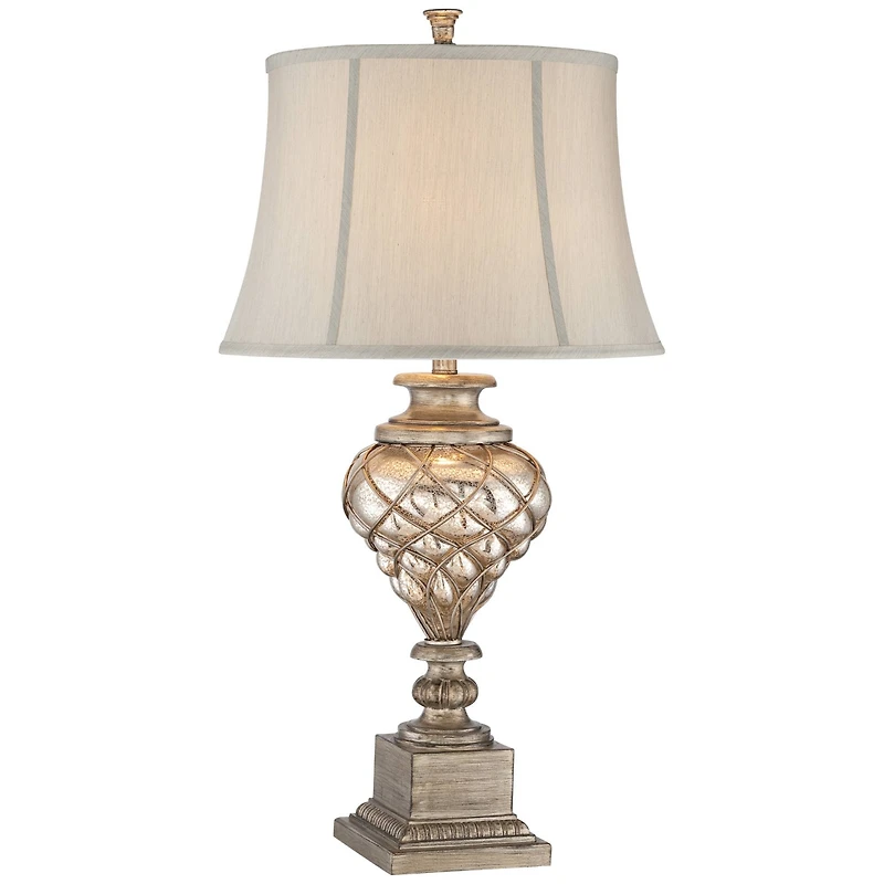 Barnes and Ivy Luke Traditional Table Lamp 33 3/4" Tall Mercury Glass with Nightlight Led Off White Mist Fabric Bell Shade for Bedroom Living Roo