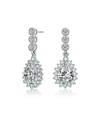 Sterling Silver with White Gold Plated Clear Pear and Round Cubic Zirconia Halo Drop Earrings