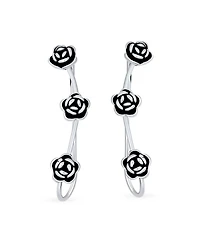 Bling Jewelry Retro 3D Flower Three Roses Wire Ear Pin Climbers Crawlers Rose Earrings Oxidized Sterling Silver