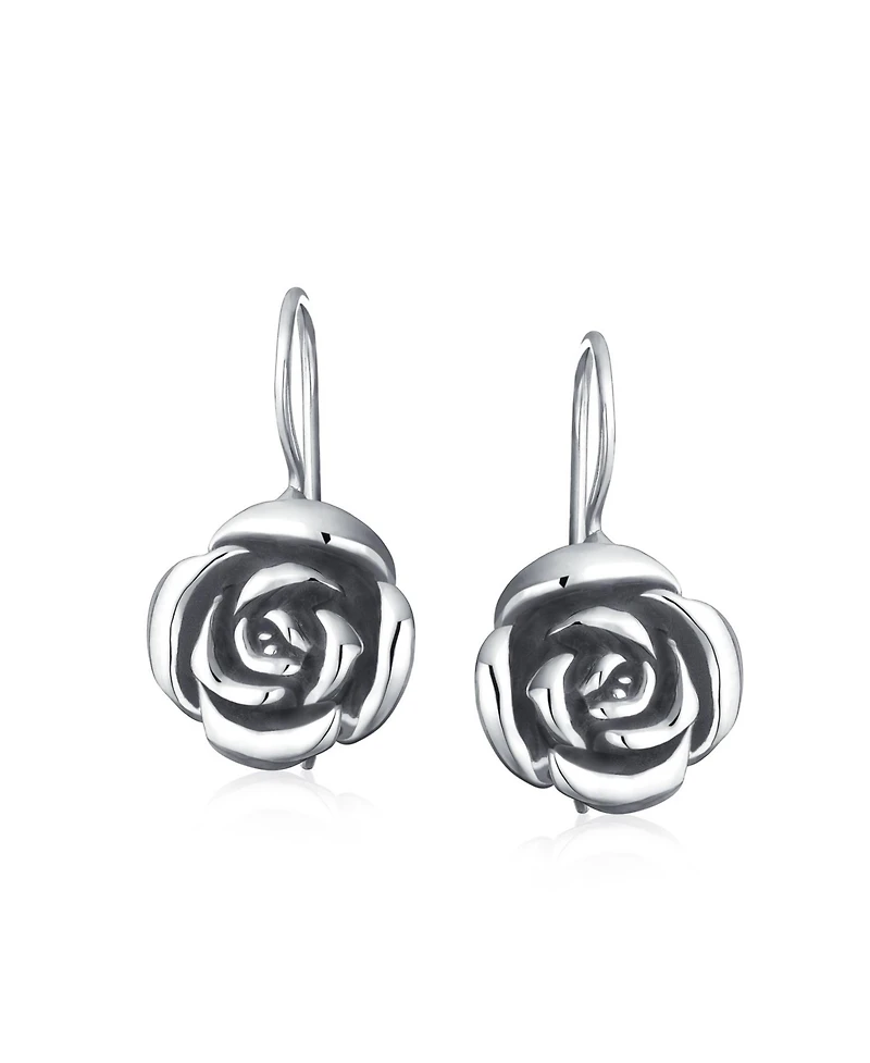 Bling Jewelry Rose Flower Drop Earrings French Wire Black Oxidized Sterling Silver