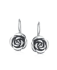 Bling Jewelry Rose Flower Drop Earrings French Wire Black Oxidized Sterling Silver