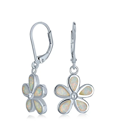 Bling Jewelry White Plumeria Flower Synthetic Opal Dangling Earrings Sterling Silver Lever Back