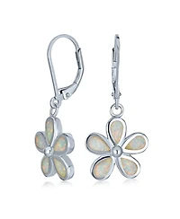 Bling Jewelry White Plumeria Flower Synthetic Opal Dangling Earrings Sterling Silver Lever Back