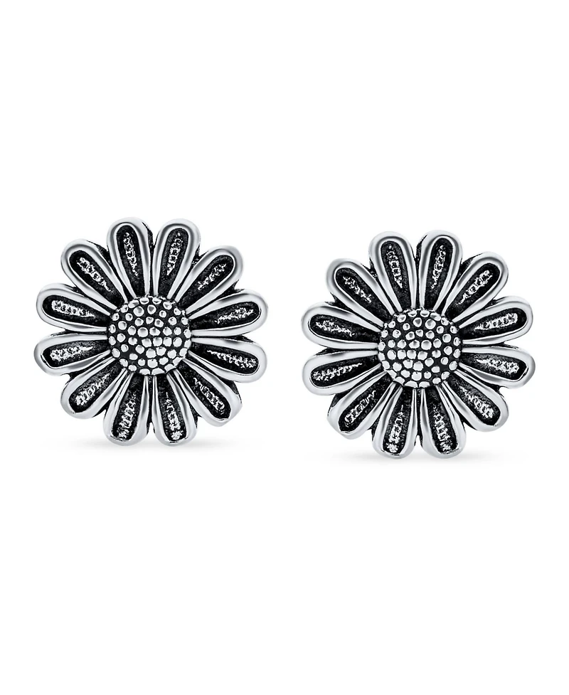 Bling Jewelry Retro Floral Garden Party Flower You are My Sunshine Sunflower Stud Earrings Oxidized Sterling Silver