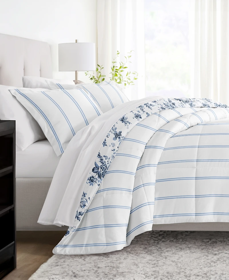 ienjoy Home Cabbage Rose Stripe 3-Piece Comforter Set, King/California King