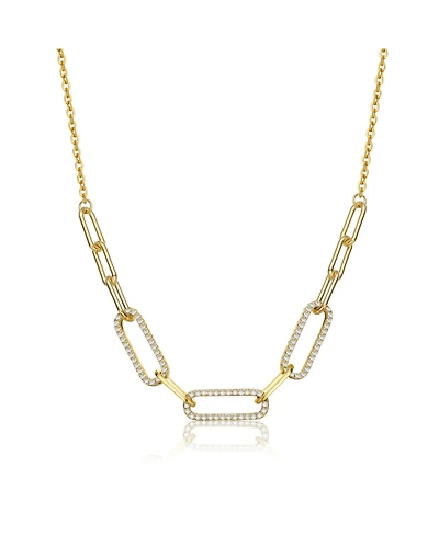 Sterling Silver 14k Yellow Gold Plated with Cubic Zirconia Elongated Cable Link Chain Necklace