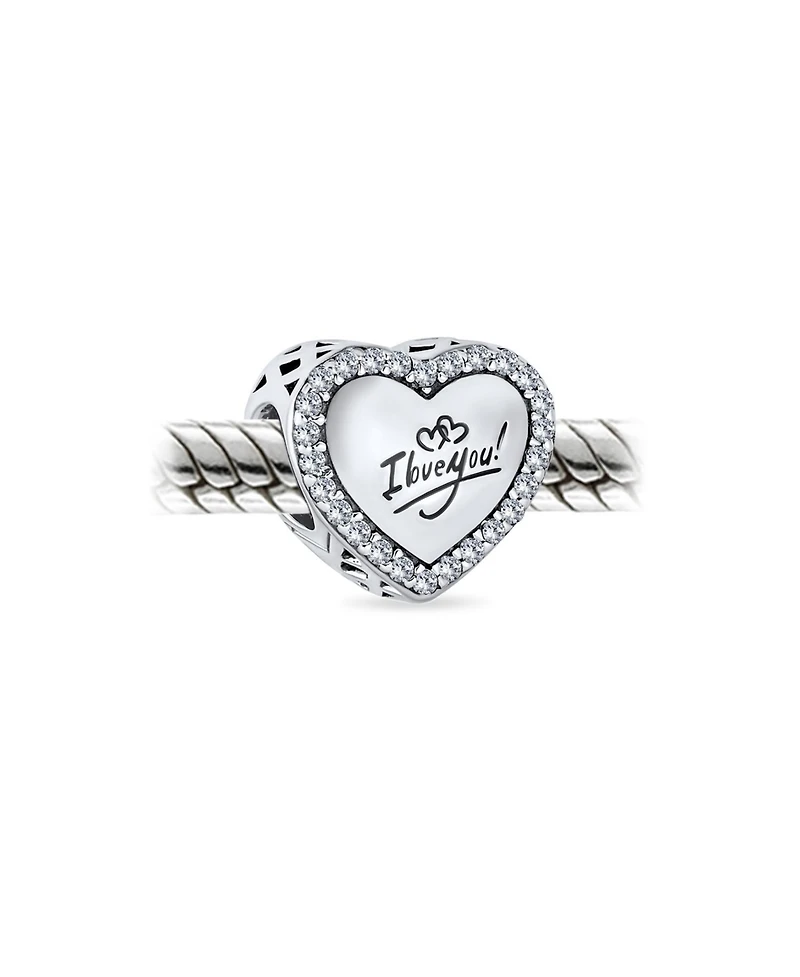 Bling Jewelry Valentine Words "I Love You" Crystal Accent Edge Love Heart Shape Charm Bead Oxidized Sterling Silver Fits European Bracelet