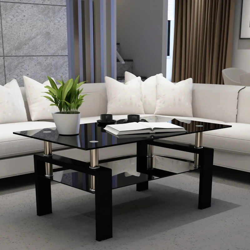 Streamdale Modern Black Glass Coffee Table Set for Living Room