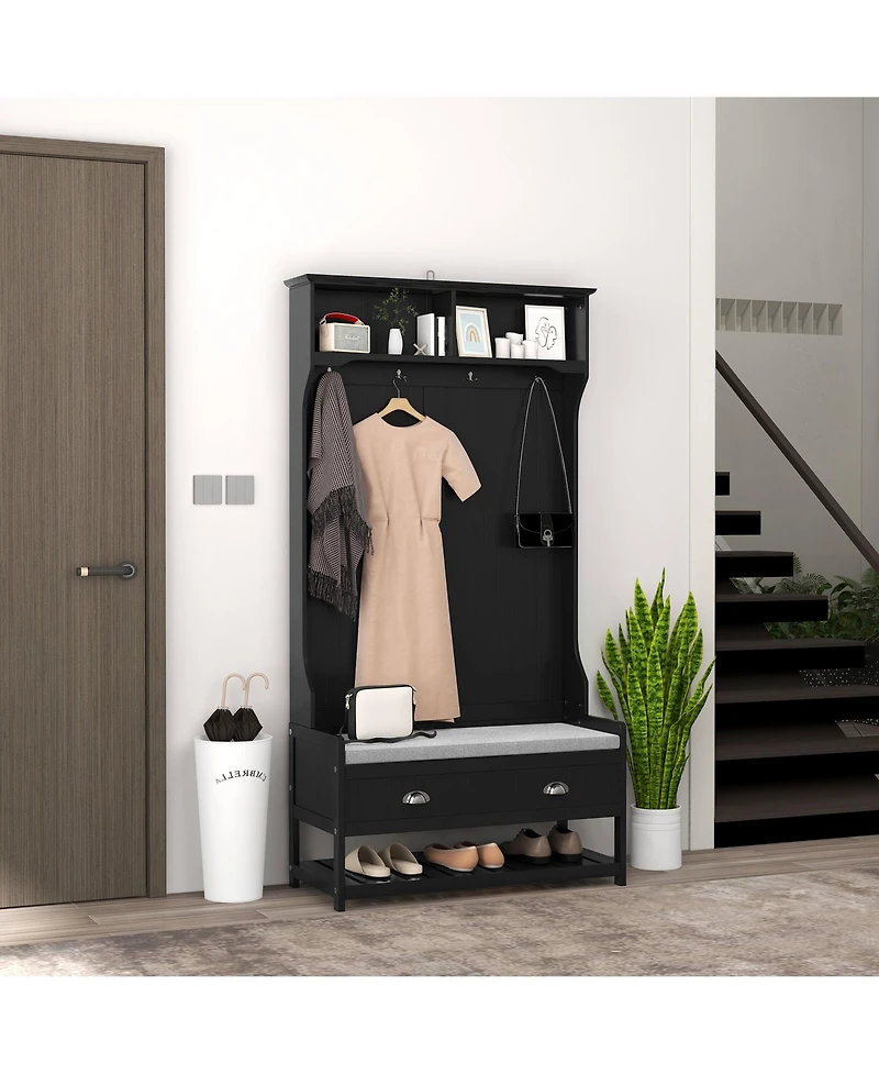Homcom Hall Tree, Coat Rack and Bench Seat with 4 Hooks, 2 Drawers,