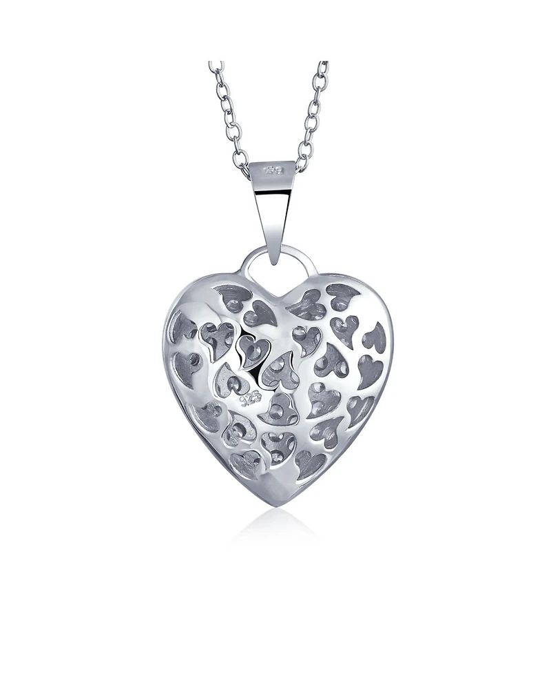 Bling Jewelry Elegant Large Pave Cubic Zirconia Cz Puff Heart Shape Pendant Necklace Sterling Silver Filigree Back