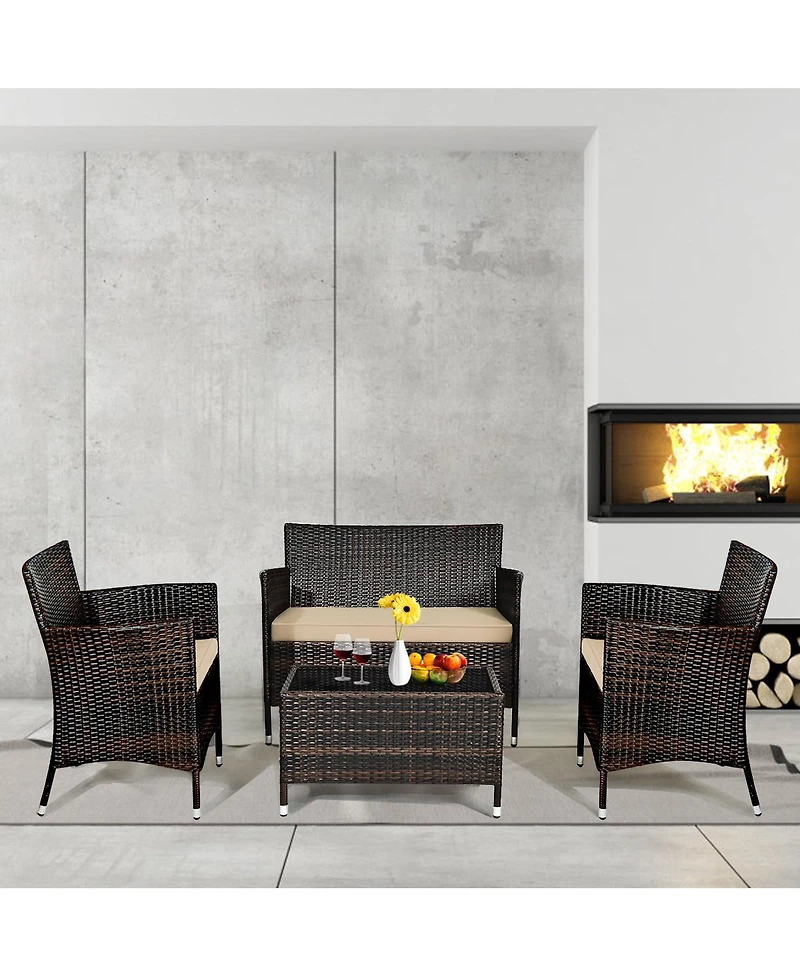 Sugift 4 Pieces Comfortable Outdoor Rattan Sofa Set with Glass Coffee Table
