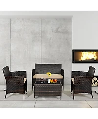 Sugift 4 Pieces Comfortable Outdoor Rattan Sofa Set with Glass Coffee Table